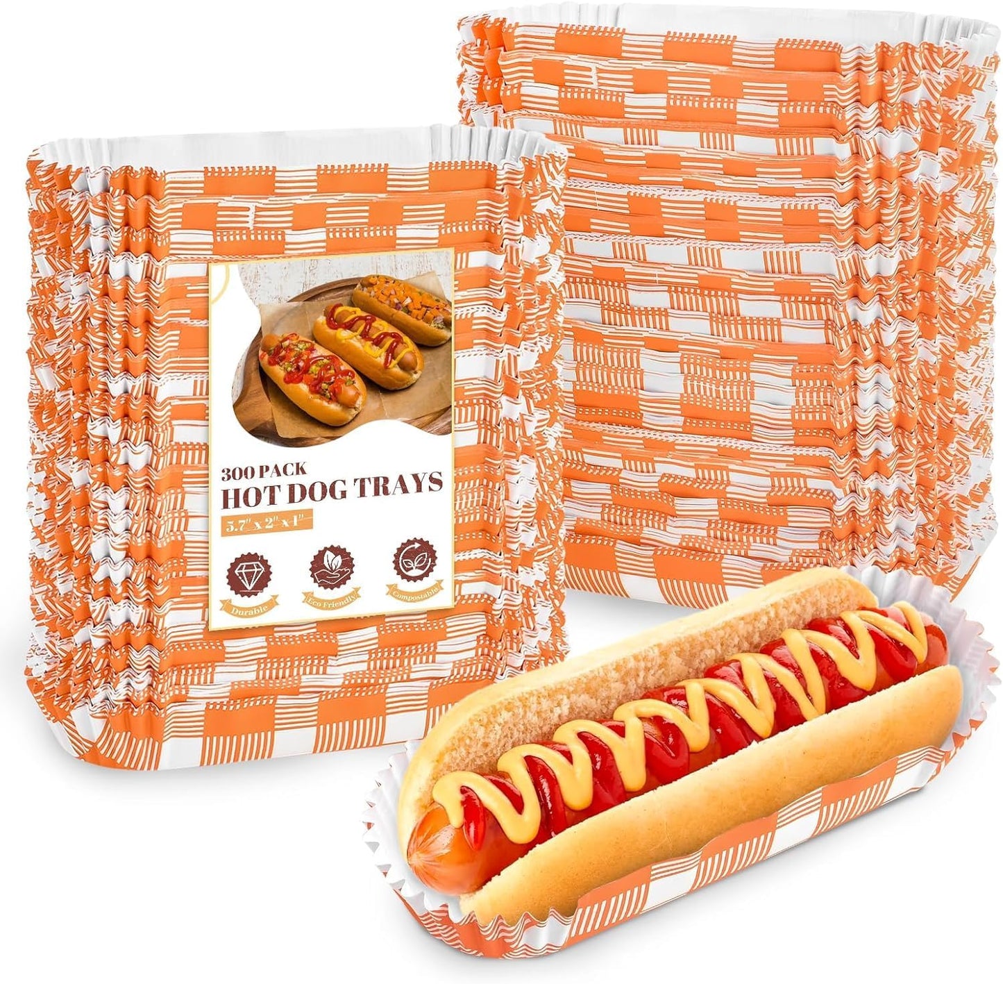 Ocmoiy 300 Pcs Paper Hot Dog Trays 6 Inch Food Trays Concession Stand Supplies Disposable Hot Dog Holder Paper Hot Dog Boats for to Go Hot Dogs, Hot Dog Cart Supplies (Plaid)